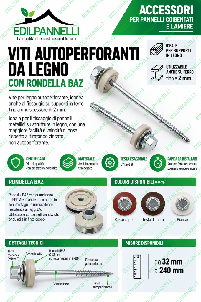 Locandina tecnica Viti autoperforanti da legno con rondella BAZ - Edil Pannelli